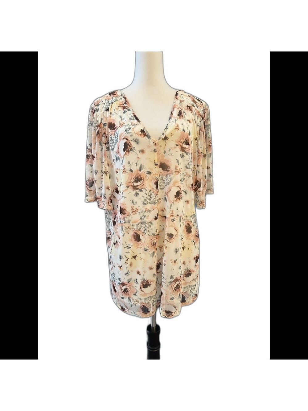 A Love Story Top 3X Pink Floral Stretch Sheer Lined Short Sleeve Blouse